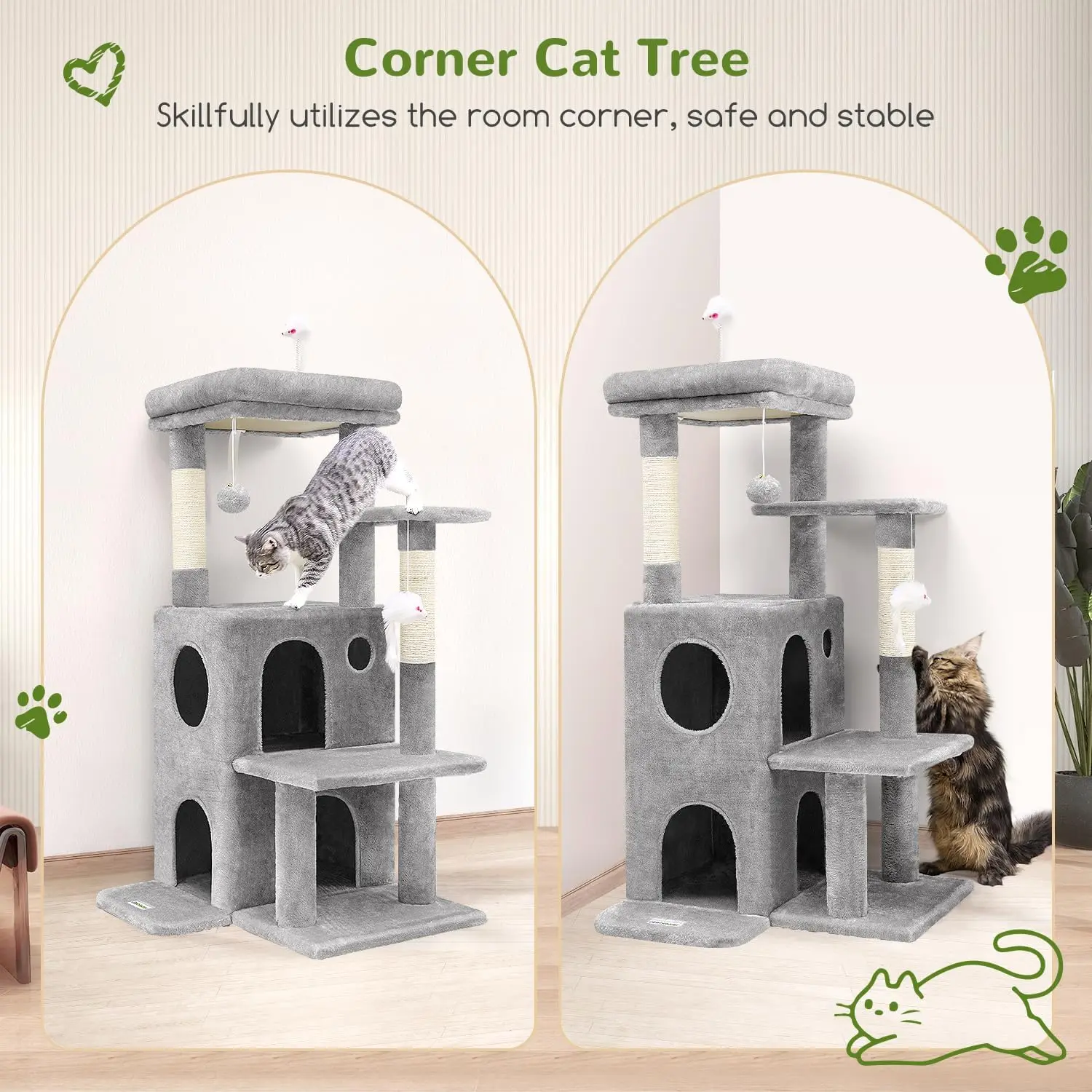 Indoor Adult Cat Tree House, Plush Material, Light Grey, with Steps, Scratching Post, 2 Cat Caves, Dangling Toys