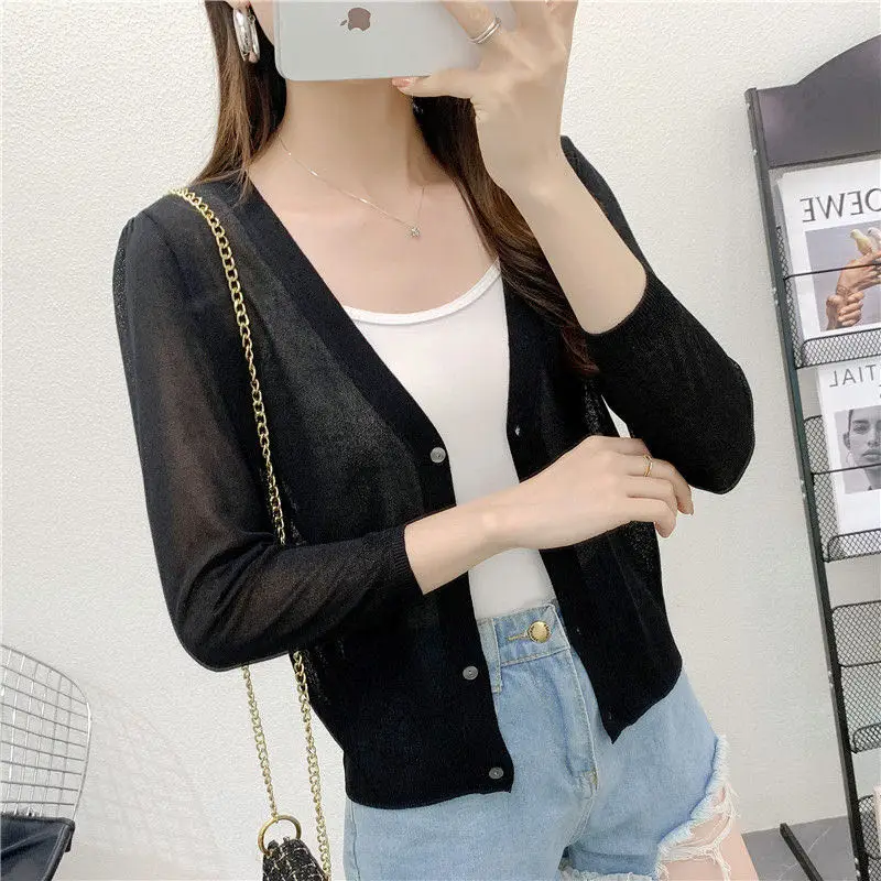 Spring/Summer Ice Linen Knitted Split Sleeve Cardigan Women's Versatile Office Air Conditioning Shirt Fashion Sunscreen Top