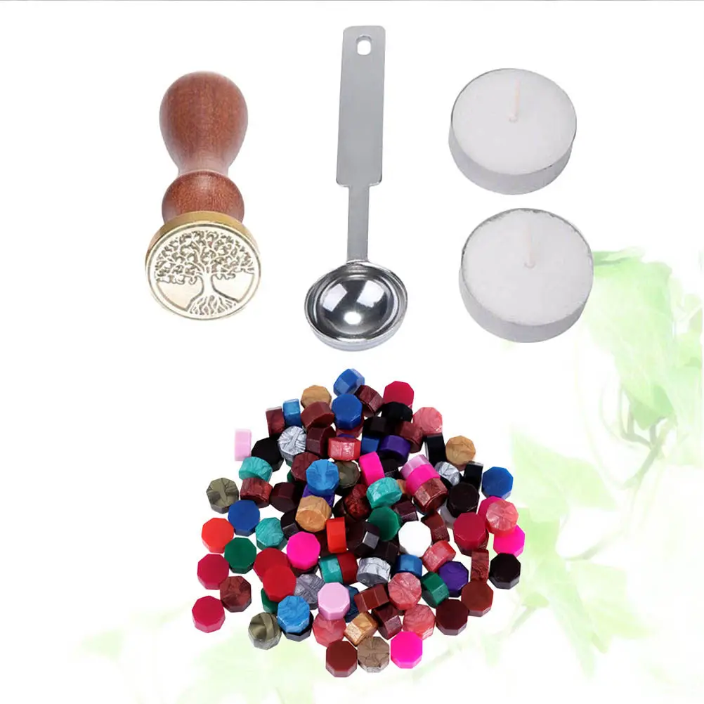 

104Pcs Wax Seal Supplies Kit Including Octagon Beads Melting Spoon Wooden Stamp Candles for Handmade Cards Letters Scrapbook