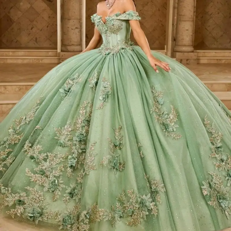 

Sage Green Customized Gorgeous Ball Gown Quinceanera Dresses Appliques Flower Beading Bow Vestidos 15 De XV Años Sweet 16