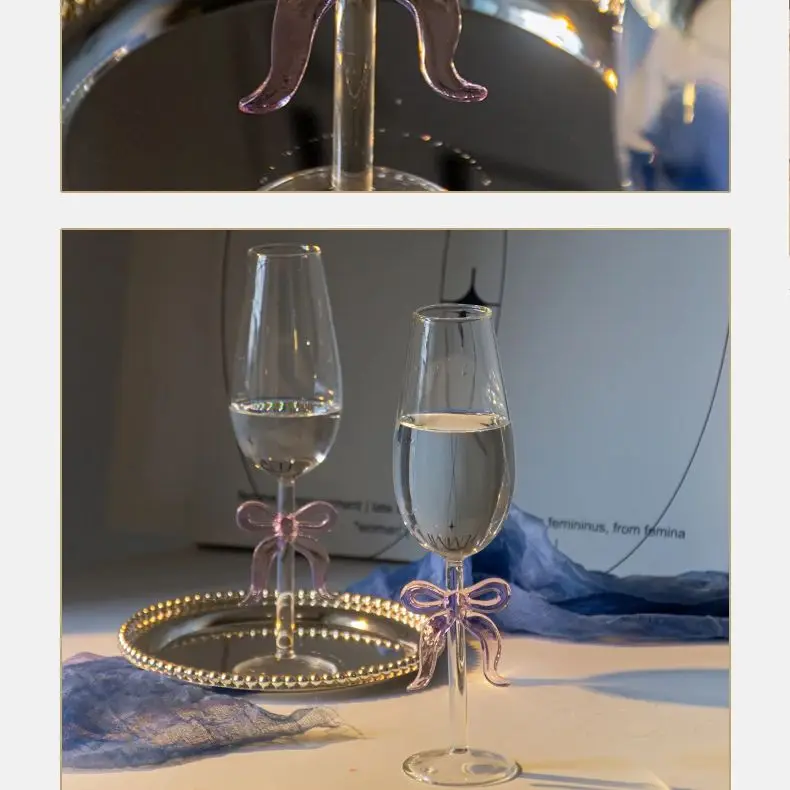 Creative Pink Bow Goblet Champagne Glass Transparent Simple Home Liqueur Cute Wedding Holiday Gift