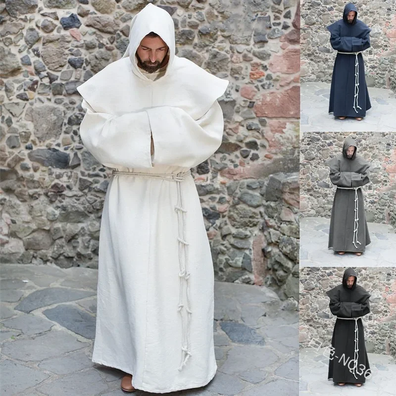 S-5XL Renaissance Monk Clergy Habit Scapular Friar Costume Religious Saint Gown Robe Men Priest Hood Cowl Halloween Outfit