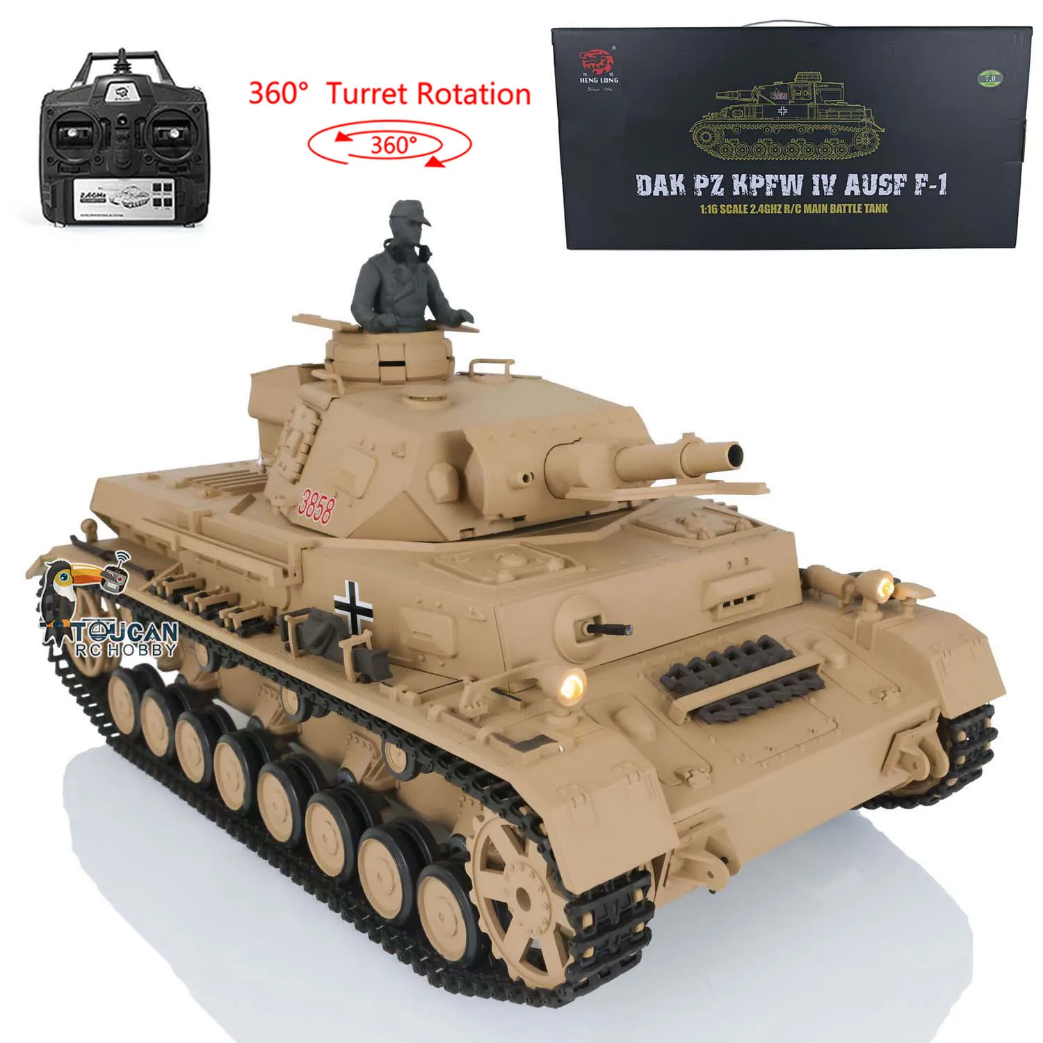 2.4G Henglong 1/16 7.0 Plastic RC Tank 3858 German Panzer IV F RTR 360° Turret Infrared Combat BBs Smoke RC Panzer Toys Model