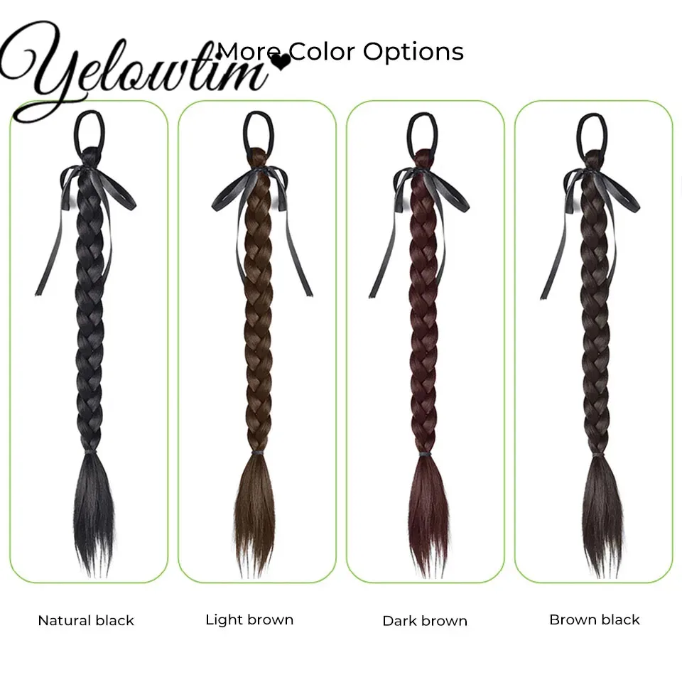 Synthetic Ribbon Bow Braided Ponytails Hair Extensions For Women With Elastic Hair Band Hairpieces Natural Black Brown Fake Hair