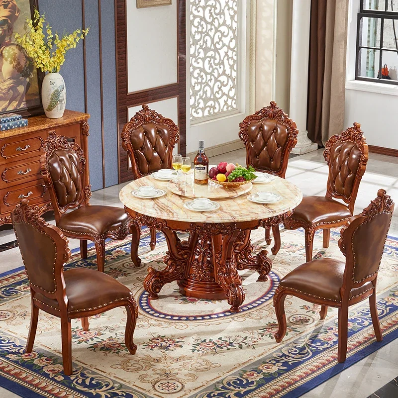 European round table all solid wood American retro dining  home marble dining table and chair combination