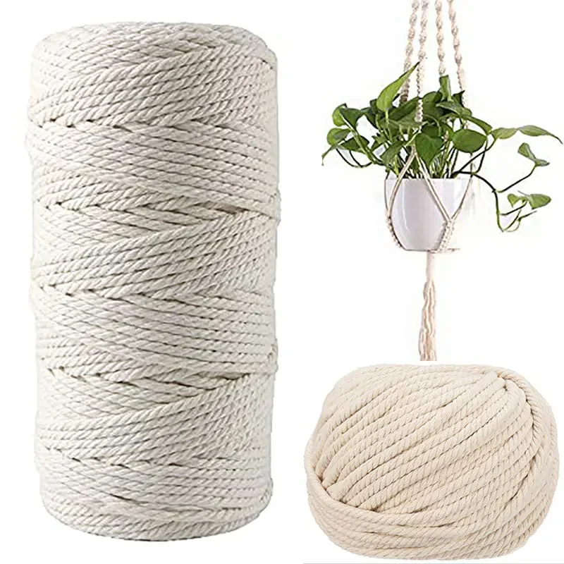 100M Natural Macrame Cotton Cord Macrame Cord Twisted Soft Cotton String for DIY Plant Hanger Craft Making Knitting Cord Rope