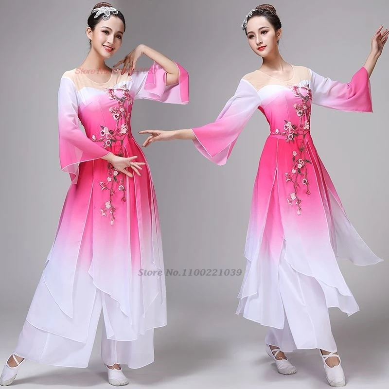 

2025 traditional chinese vintage folk costume stage performance flower embroidery tops+pants set gradient color dance hanfu set