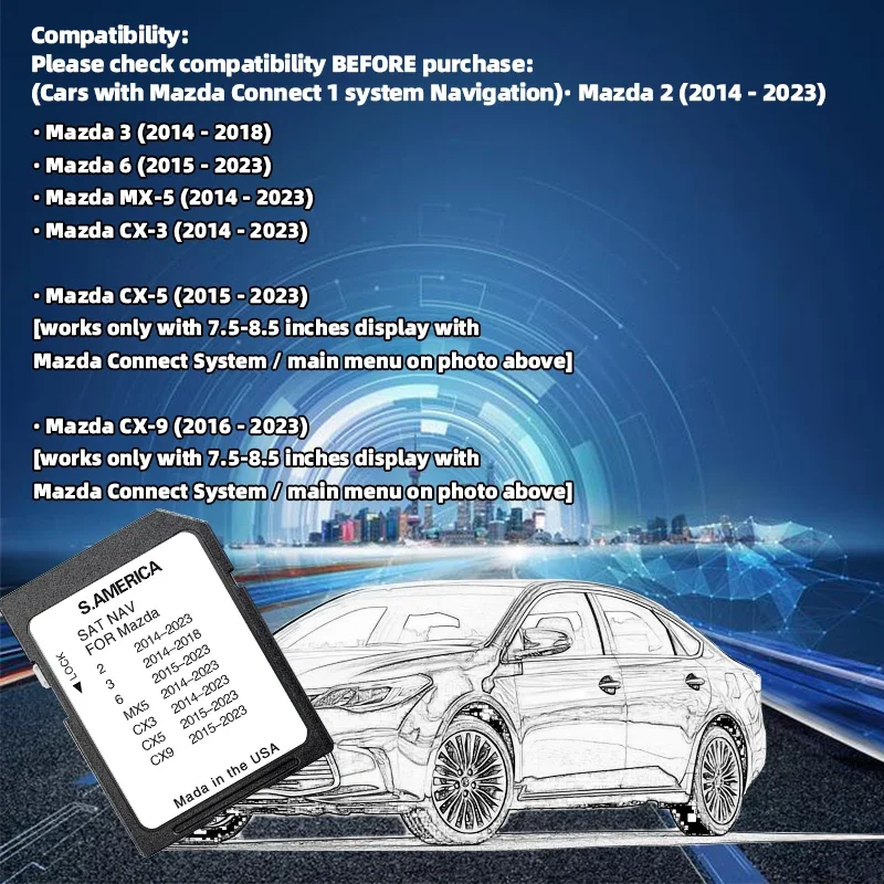 South America Map Sat Nav Naving GPS Connect1 Update Software Version Navigation SD Card for Mazda 2 3 6 MX5 CX5 CX9 Vehicle 8GB