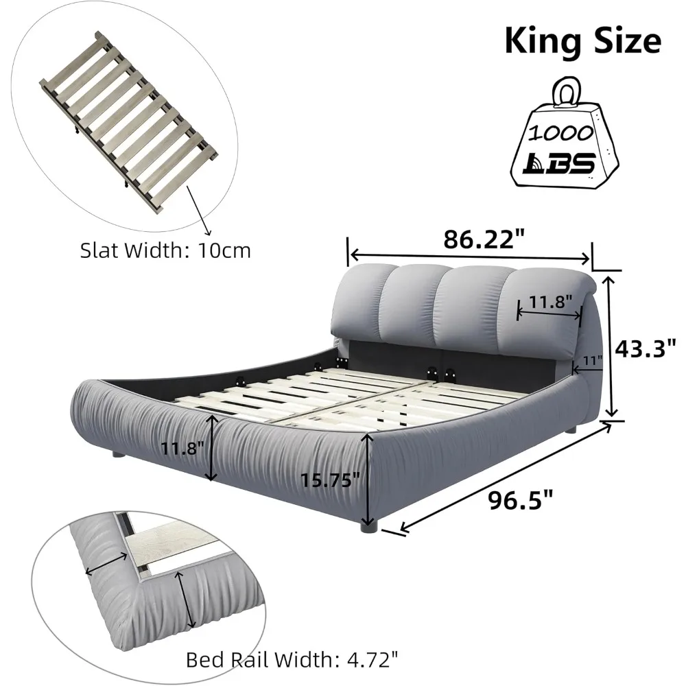 Deluxe king-size upholstered platform bed with upholstered backrest, soft-framed cloud bed, thickened pine slats, metal legs