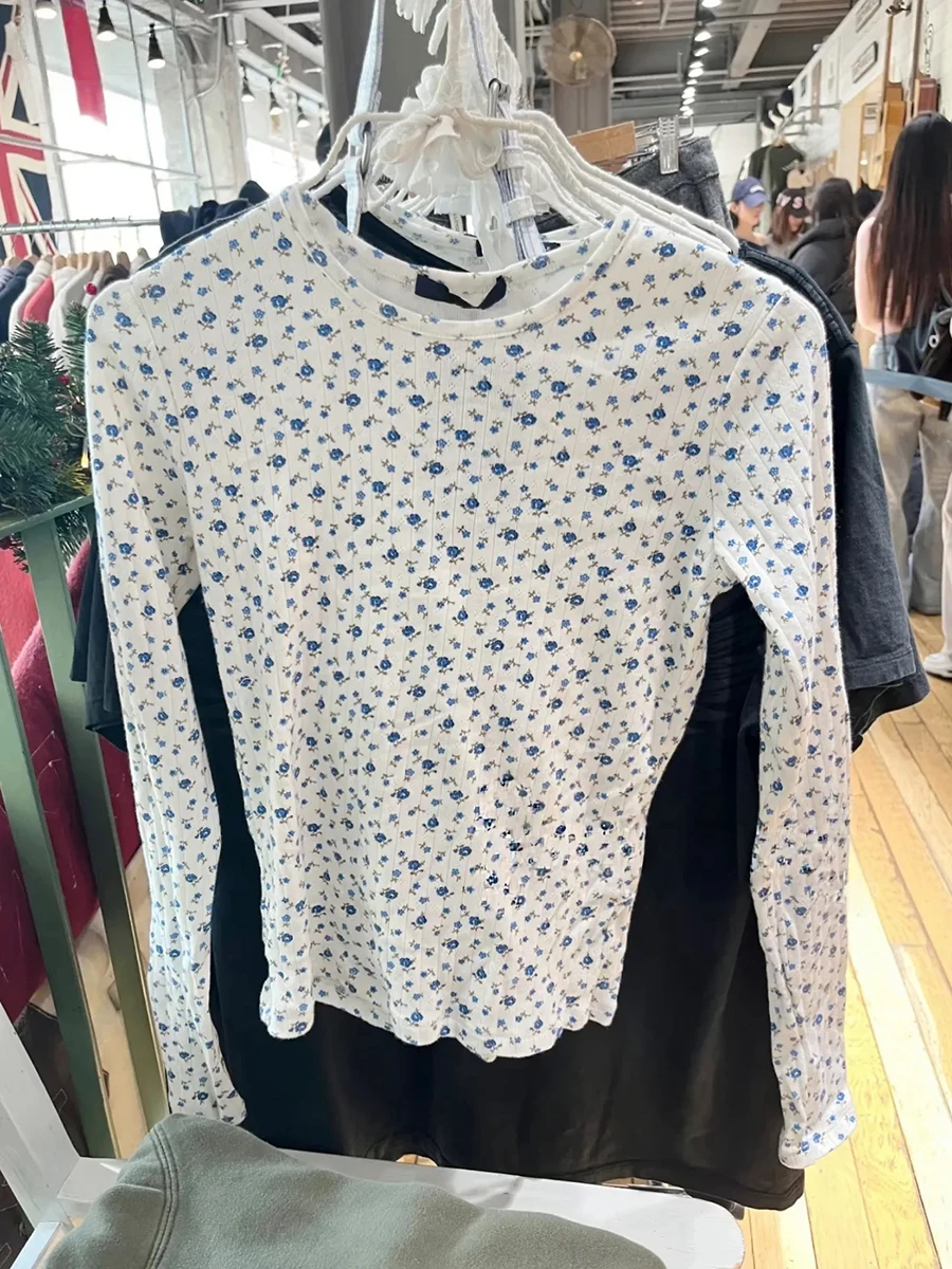 

Новая женская хлопковая футболка с длинным рукавом, приталенная, с цветочным узором, винтажная, повседневная, с круглым вырезом, весенняя