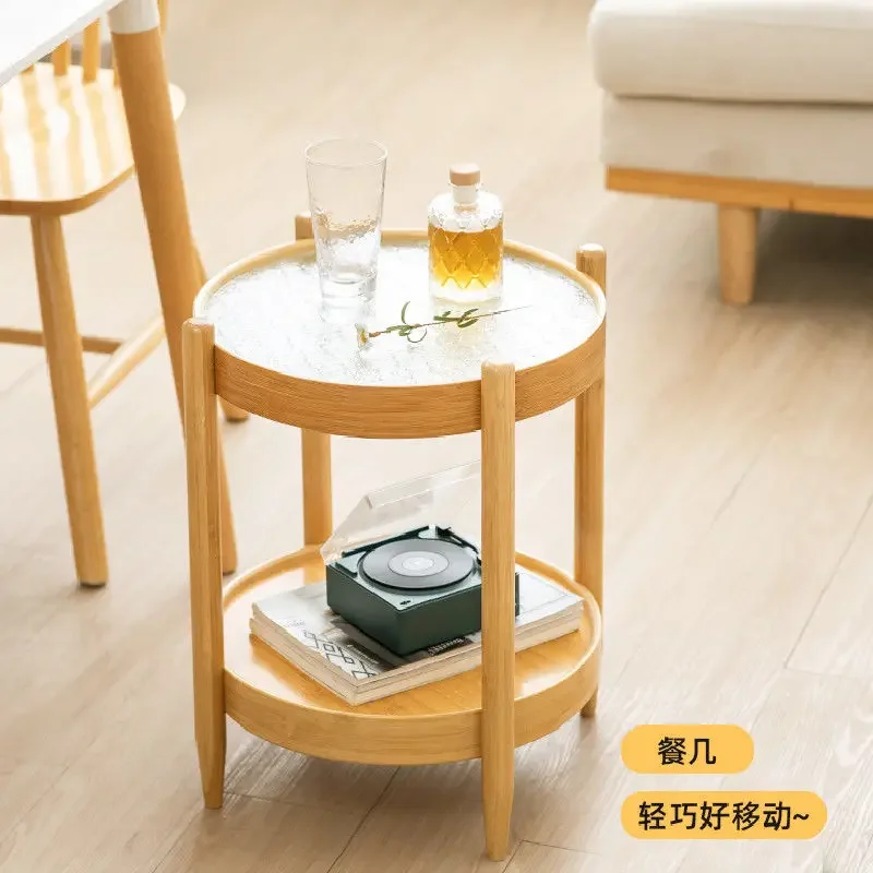 

Sofa Side Tables Living Room Small Round Tables with Crabapple Flower Glass Balcony Coffee Table Bamboo Shelf Table Corner Mesa