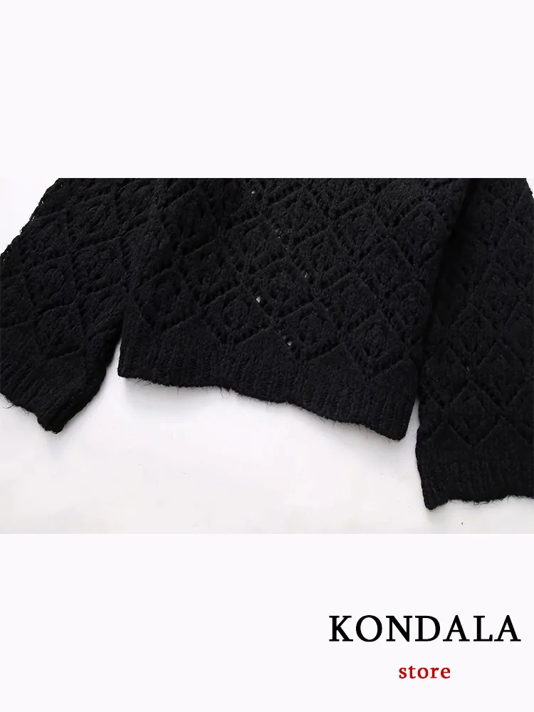 KONDALA Vintage Casual Women Sweater Solid Long Sleeve Knitted Sweater Fashion 2023 Autumn Hollow Out Pullovers Elegant Tops