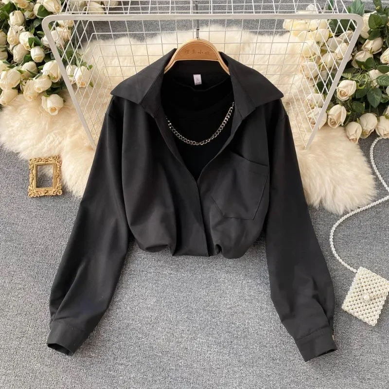 

Temperamrnt Crop Tops Chic Two Shirts Women's Clothing Long Sleeve Chain Casual Oversized Blouses Camisas De Mujer 2025