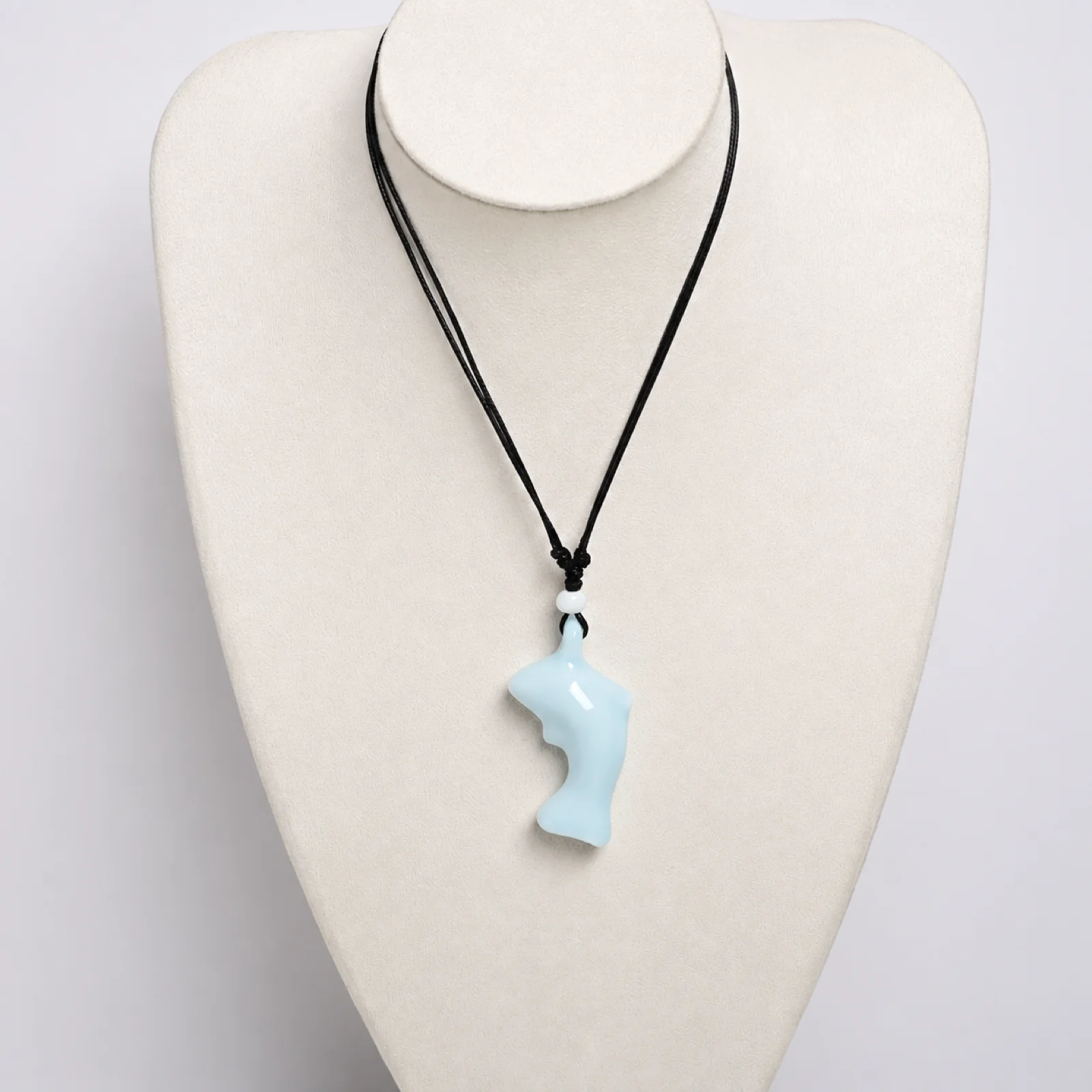 Sky Blue Dolphin Whistle Handmade Ceramic Necklace with Waxed Cord Handwoven Adjustable Pendant Jewelry 608P16-16