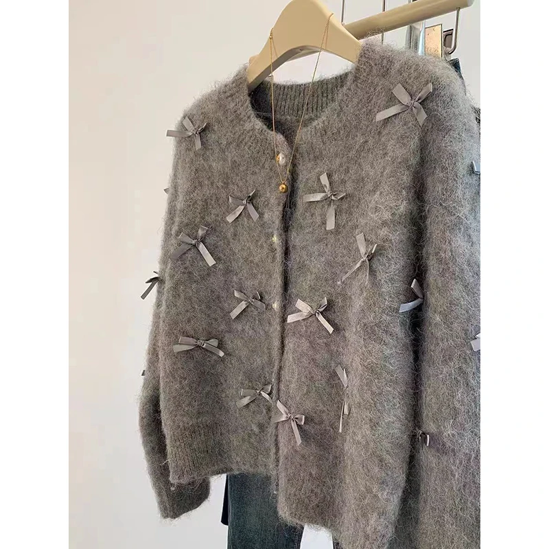 French Temperament Grey Bow Sweater Women 2024 Autumn Winter High Grade Soft Glutinous Mohair Knitted Cardigan Fragrant Coat