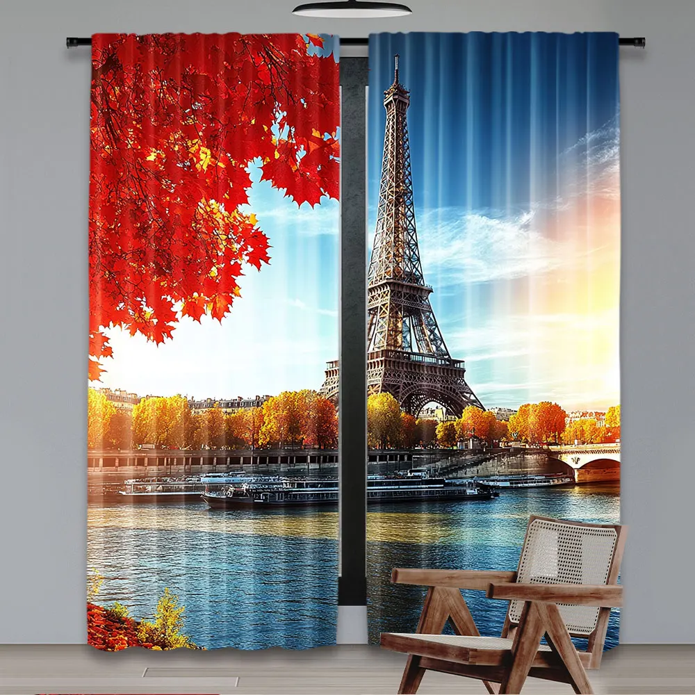 2Pcs Paris Eiffel Tower Curtains Seine Fall Scenery France Landmark Curtains Suitable For Living Room Apartment A