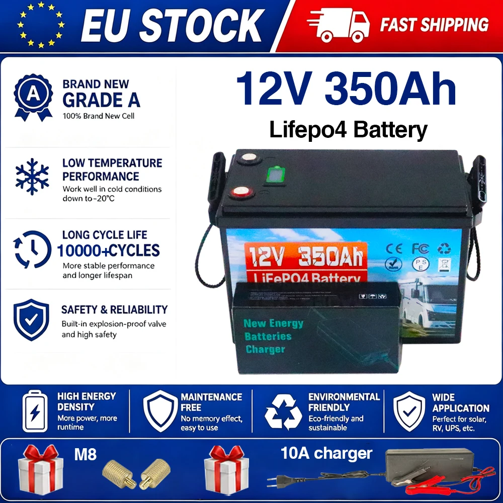 Image of Hochstrom-Lifepo4-Batterie 12V 350Ah Lange Lebensdauer 10000+ Zyklen Eingebautes BMS IP65 Unterstützt Serien- und Parallel-Batteriepacks