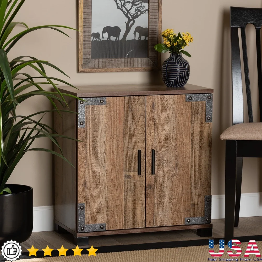 

Modern Farmhouse Rustic Wood Shoe Cabinet 2-Door Storage Unit Entryway Organizer with Metal Corner Brackets Assembly Required