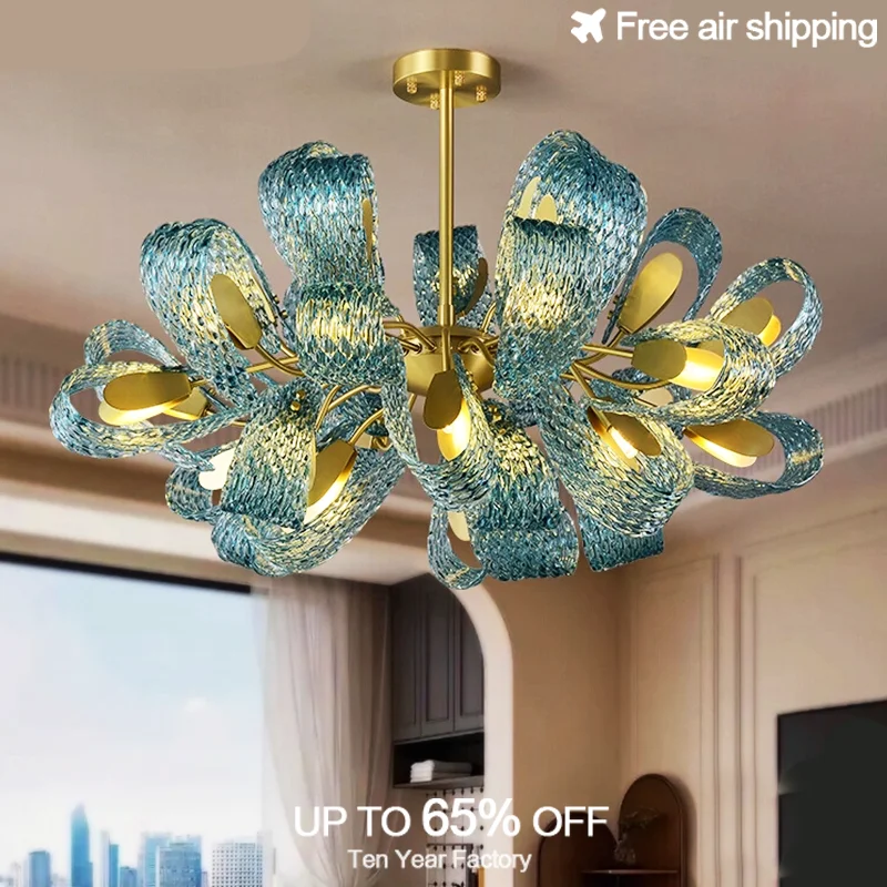 

Modern luxury minimalist peacock blue glass copper led dimmable ceiling chandeliers decorative lighting for living room