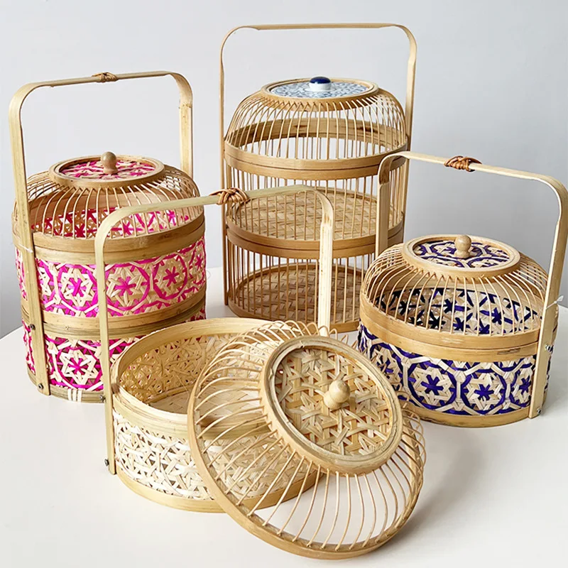 Handmade Bamboo Basket Bamboo Basket Hotel Household Tea Round Multi-layer Food Box Storage Box Gift Packaging Box