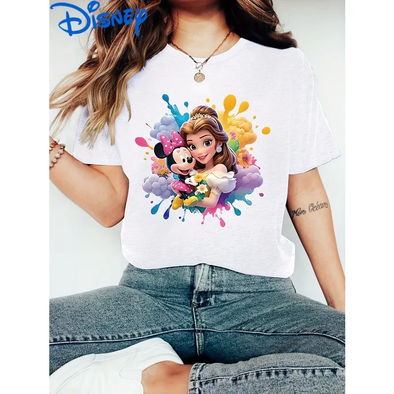 

Disney Colorful Splash Bell Princess Minnie Pattern New Cartoon Print Fashionable Loose Round Neck Casual Women's Y2KT Shirt