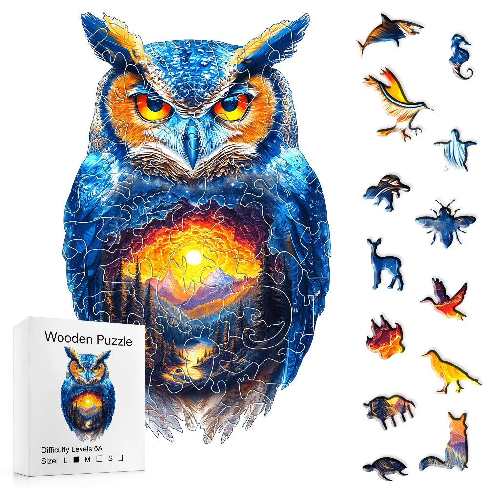Wildlife Owl Wooden Puzzle, Embedded Mountain Sunset Artwork, Whimsy Pieces, Great For Home Display & Festival Present