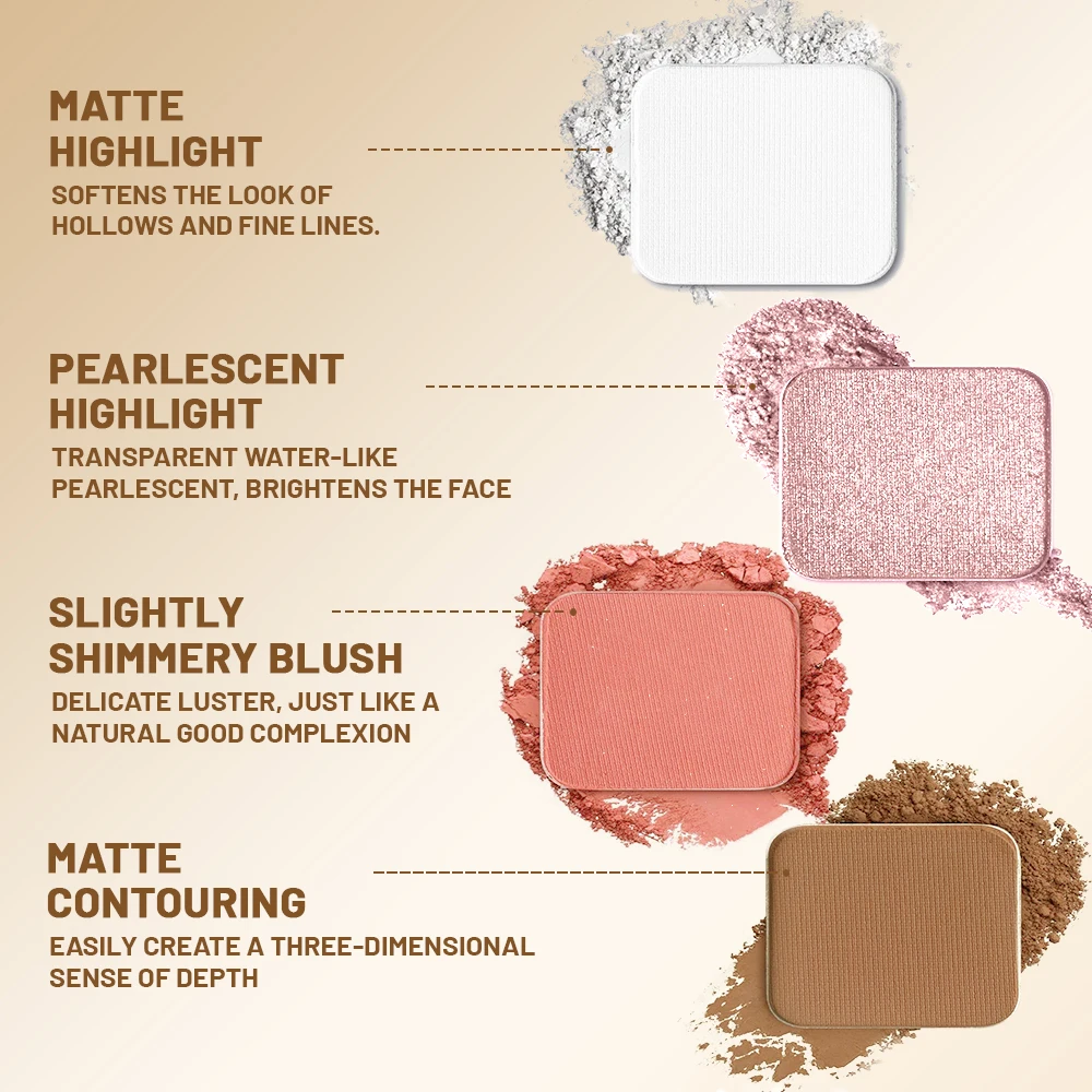 4-in-1 Eyeshadow Palette Matte Shimmer - Multi-Purpose Face Makeup for Contouring Highlighting Blush, High Pigment Blendable Tra