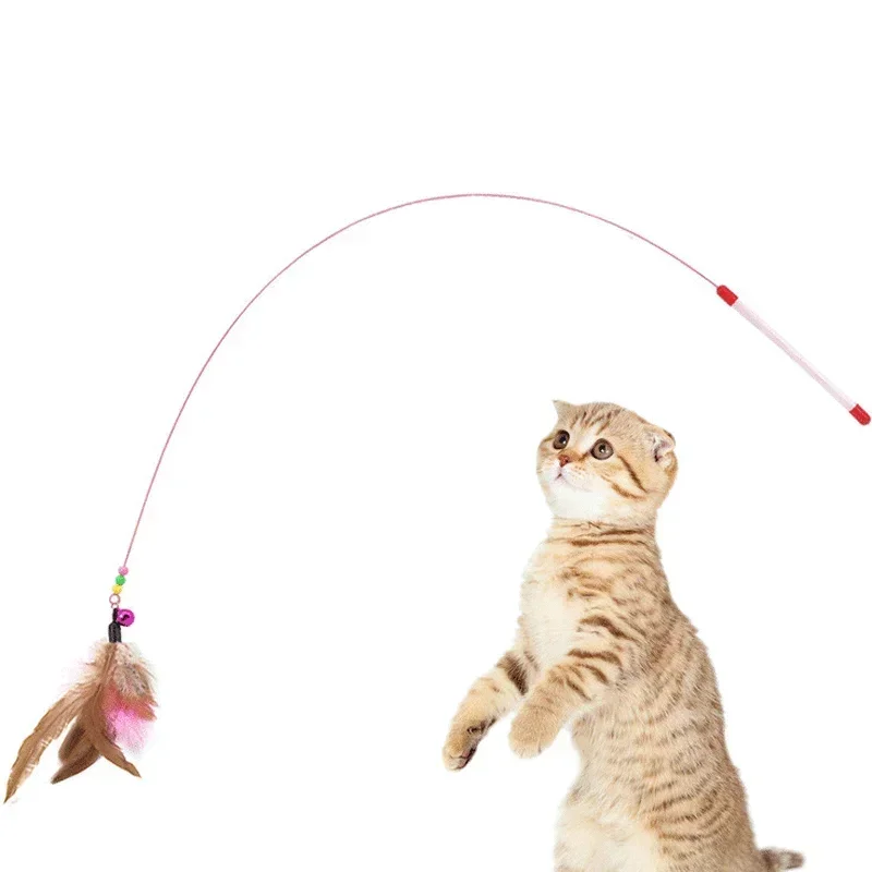 Interactive Cat Colorful Toys Feather Bell Wand Teaser Rod Funny Fish Shape Bell Bead Play Pet Steel Wire Feather Toy supplies