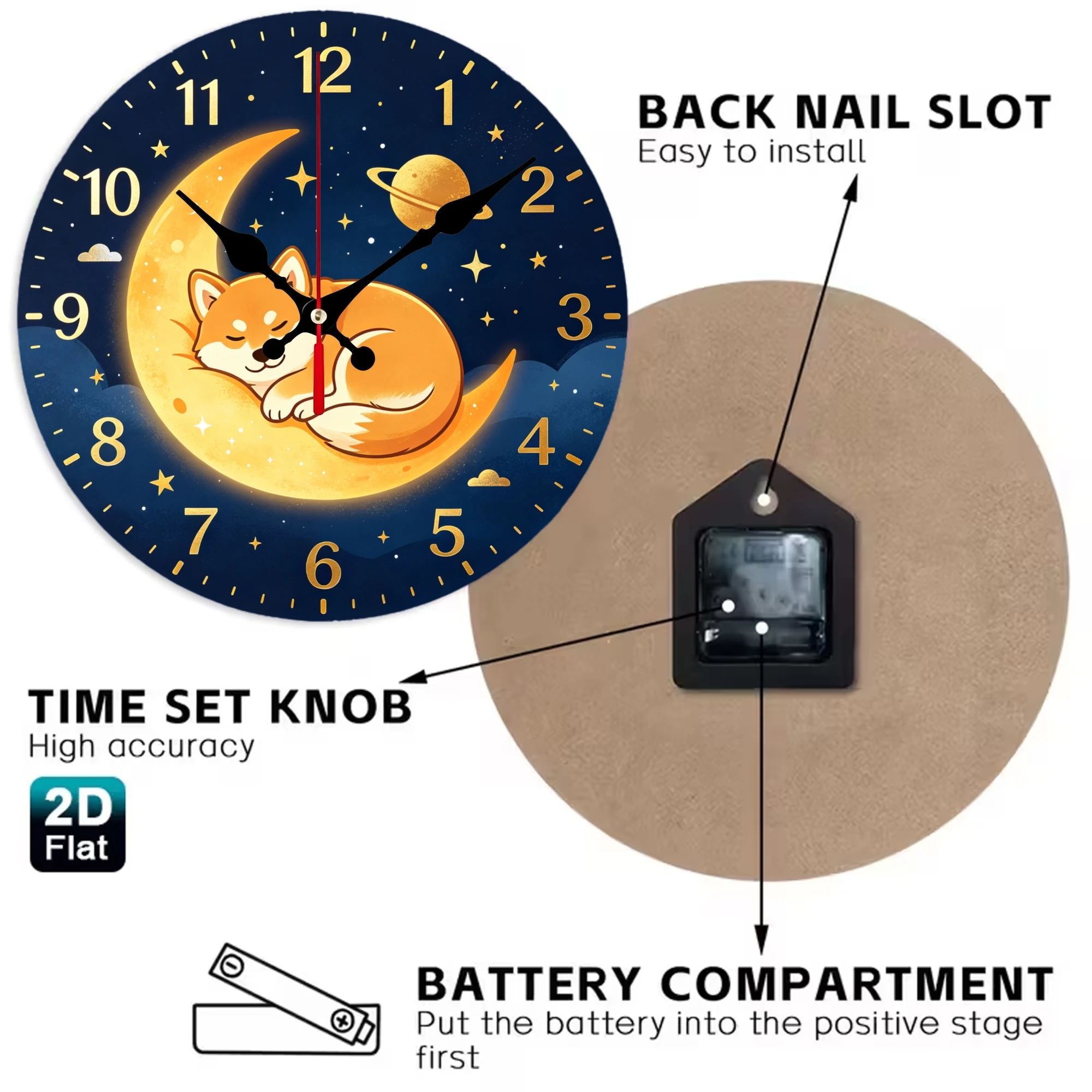Cute Sleeping Shiba Inu Fox on Moon Wooden Wall Clock, 10/12 Inch Round Wood Clock, Silent Non Ticking Quartz Movement, Starry Cosmic Night Galaxy Printed Home Decor