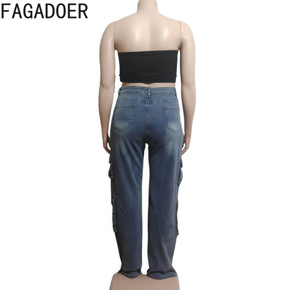 FAGADOER Summer New Fashion Rhinestone Patchwork Denim Pants Women Hollow Out Cargo Pocket Jeans Female Streetwear Bottoms New