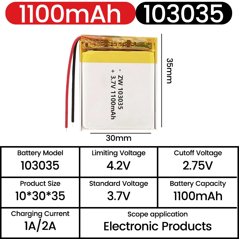 103035 3.7V 1100mAh Battery Lipo Polymer Lithium Ion Rechargeable Batteries +PCB Protection Board  PH2.0 XH2.54 Optional interfa view 4
