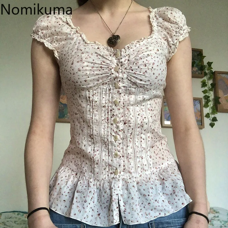 

Vintage Floral Blouse Women's Clothing Short Sleeve Single Breasted Tunic Shirts Chic Summer Sweet Blouses Tops Camisas De Mujer