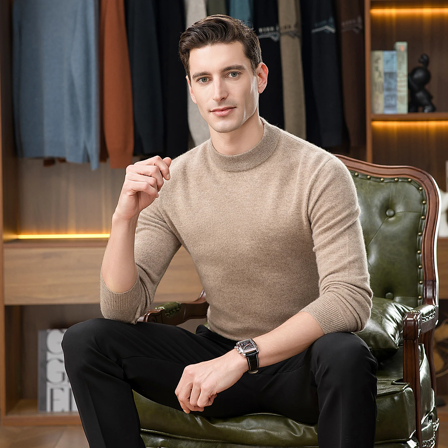 Herbst und Winter neuer reiner Bergkaschmirpullover halbhoher Hals dicker Pullover Herrenpullover mittleren Alters warmes Stricken