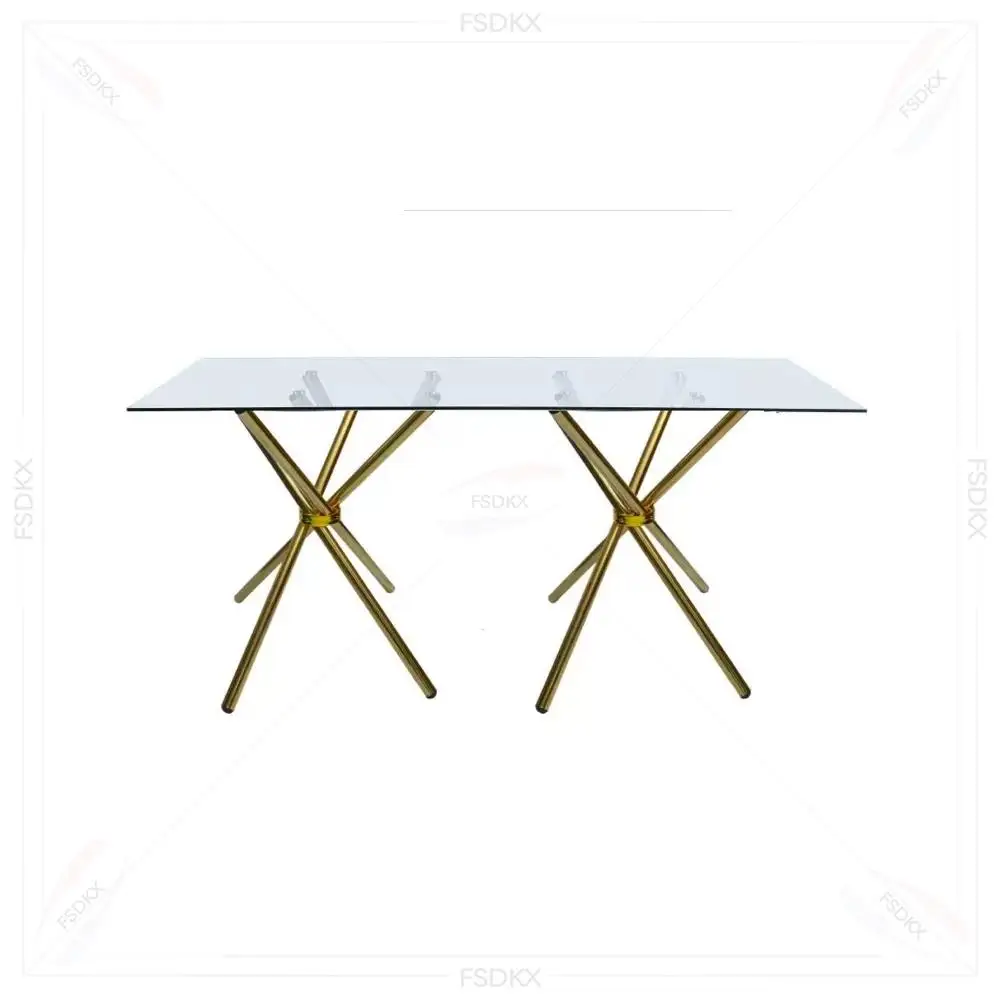 

Popular Luxury Sector Glass Top Factory Price Wedding Golden Stainless Steel Table Rectangle Shape Dining