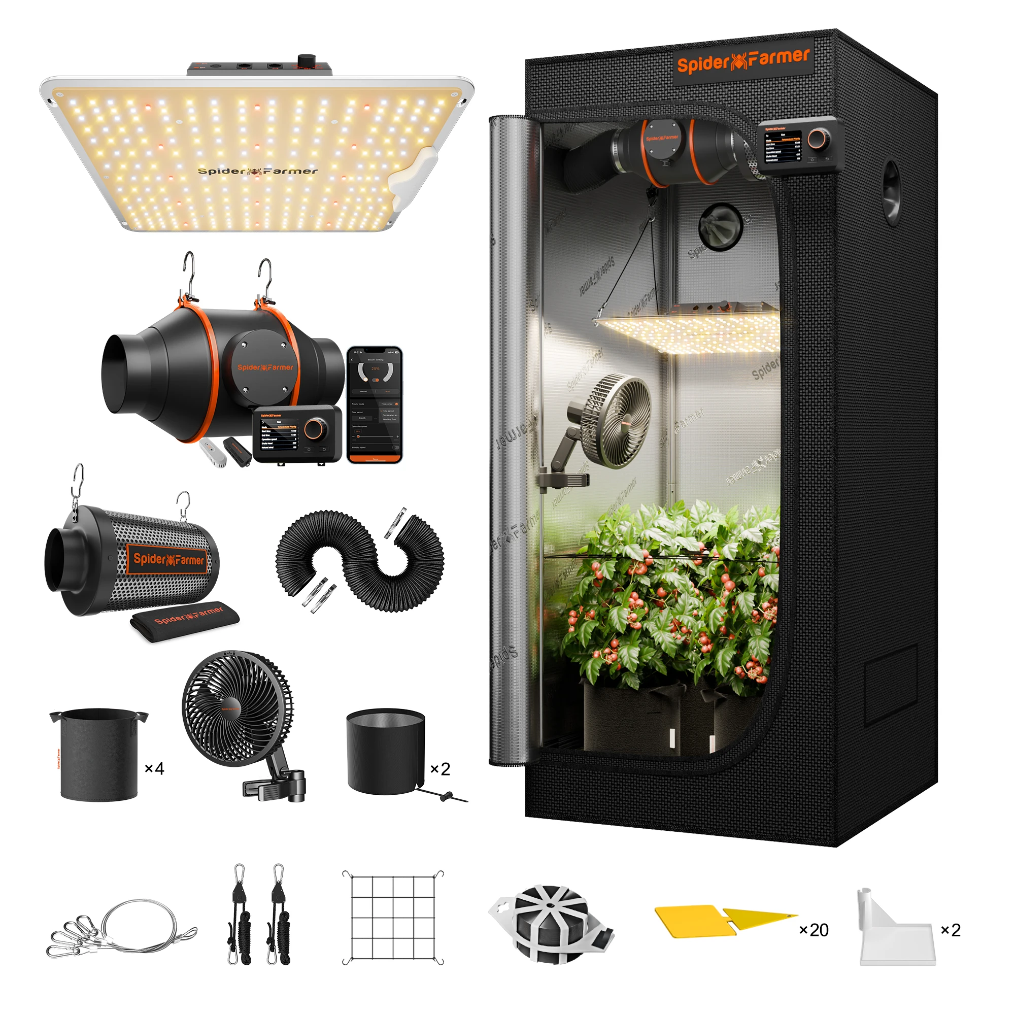 2026 Update Spider Farmer 70x70x160cm Smart Grow Tent Kit mit GGS+SF1000 Vollspektrum-LED+6-Zoll-Klemmventilator+4-Zoll-Belüftungssystem