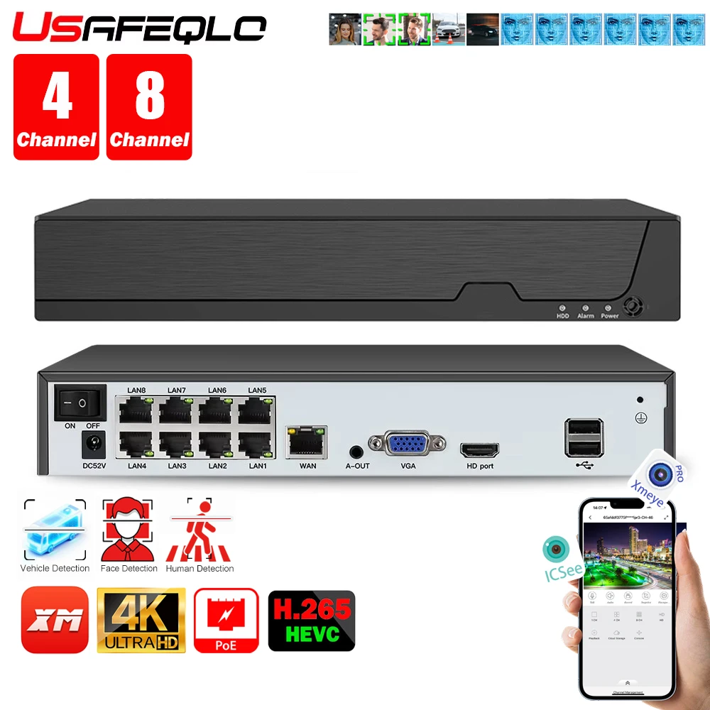 Détection faciale H.265 8ch * 4K 4ch/8ch PoE enregistreur vidéo réseau Surveillance PoE NVR 4/8 canaux pour caméra IP HD 8MP 5MP