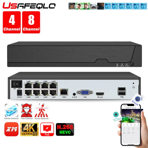 Detección facial H.265 8ch * 4K 4ch/8ch PoE grabador de vídeo en red vigilancia PoE NVR 4/8 canales para cámara IP HD 8MP 5MP