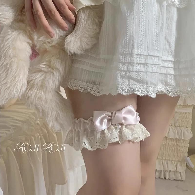 Reggicalze elastiche Lolita eleganti da donna Cinghie per gambe dolci giapponesi Gotico increspato Fiocco estivo Decorazione per gambe in pizzo Regalo per ragazze