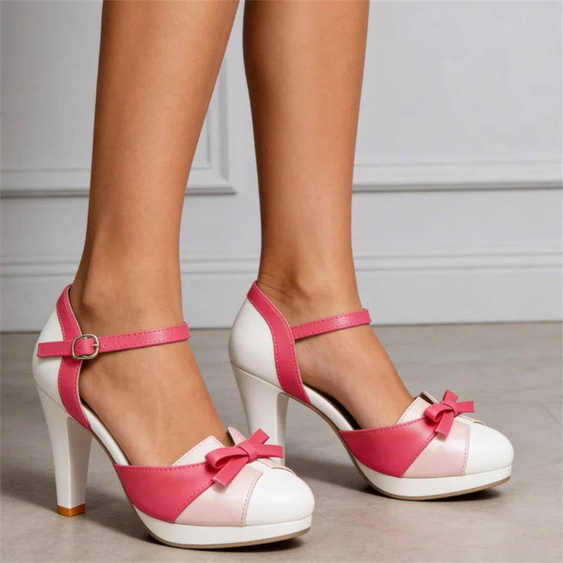 

YMECHIC Plus Size 34-48 Pink White Mary Jane Heels Women Sweet Bow Ankle Strap Platform High Heel Bride Pumps Wedding Party