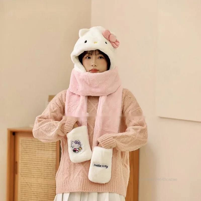 Sanrio Hello Kitty Hat Scarf Gloves One Piece Hat  Women's Winter Cute Cartoon Warm 3-Piece Set Y2k Sweet Girl Plush Accessories