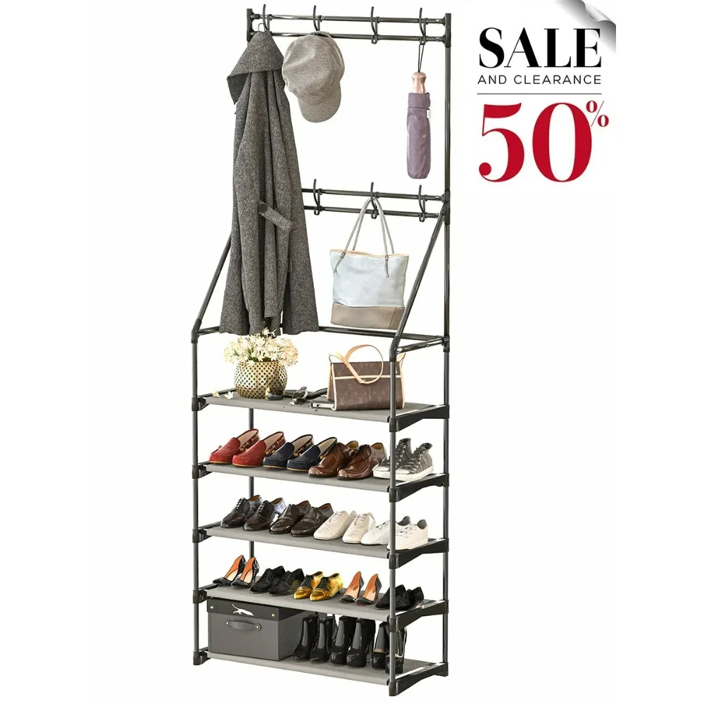 

5-Tier Shoe Rack Shoe Storage for Entryway,Narrow Shoe Rack,Coat and Shoe Rack with 8 Hooks