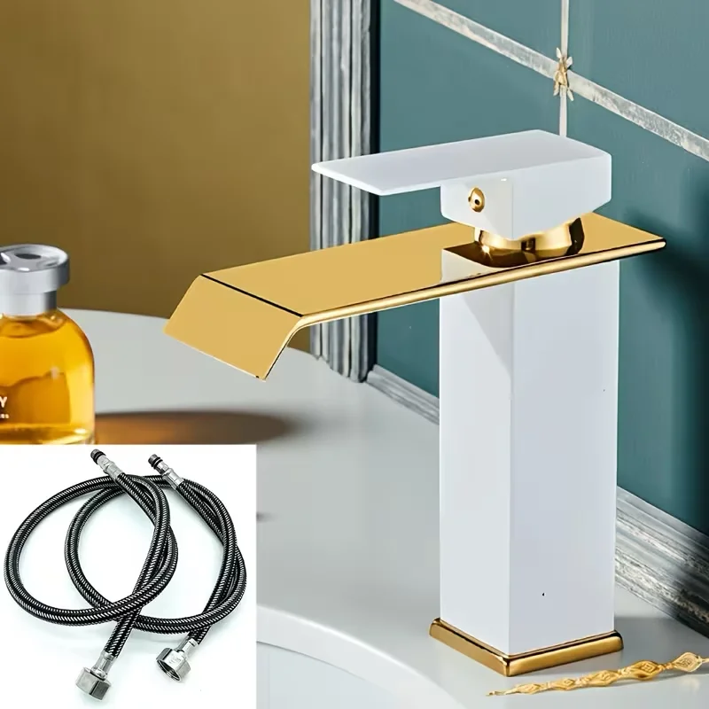 Wastafelkraan Goud en Zwart Watervalkraan Messing Badkamerkraan Badkamer Wastafelkraan Mengkraan Warme en koude wastafelkraan