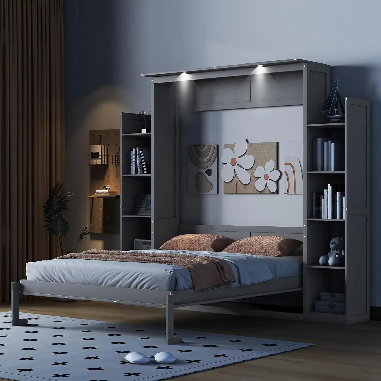 Queen Size Murphy Bed Wall Bed with Storage Shelves and LED Lights,Space-Saving for Multipurpose Guest Room or Home Office, Gray