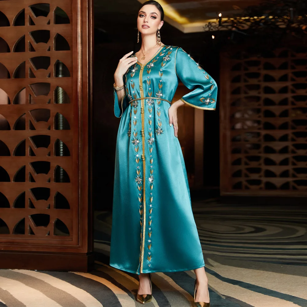 

Eid Silky Satin Muslim Abaya Party Dress for Women Arab Diamond Lace-up Abayas Long Jalabiya Dresses Robe Woman Ramadan Vestidos