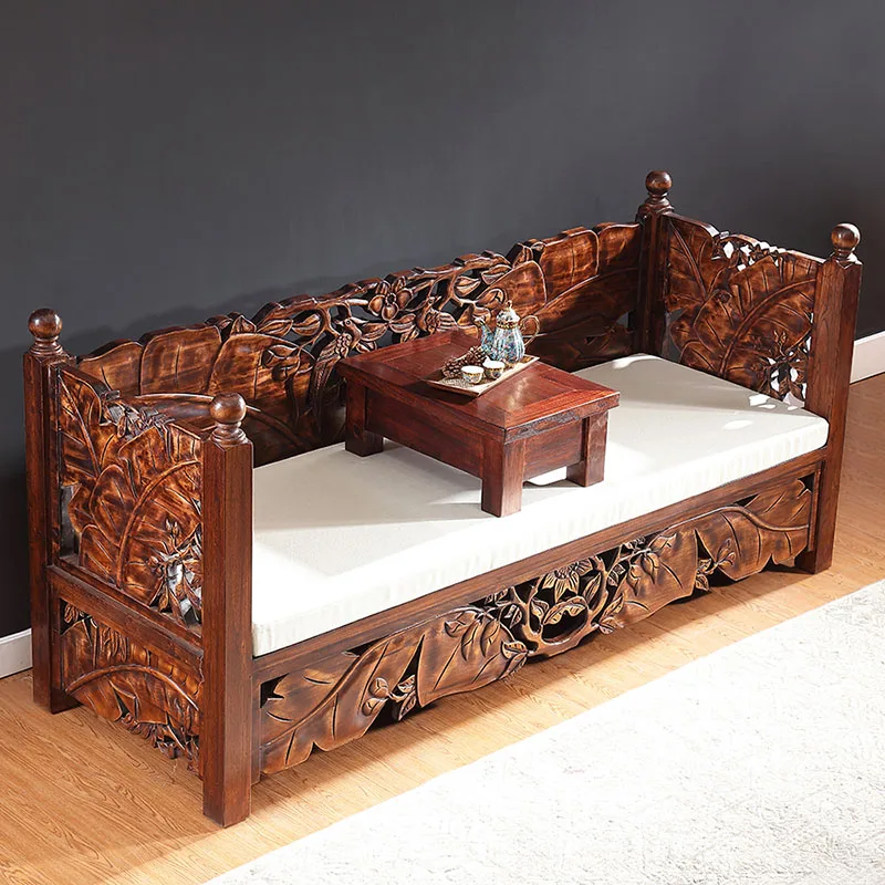 Customized New Chinese Style Tea Arhat Bed Solid Wood Carved Southeast Asian Furniture Thai Living Room Sofa Couche Prefabricate