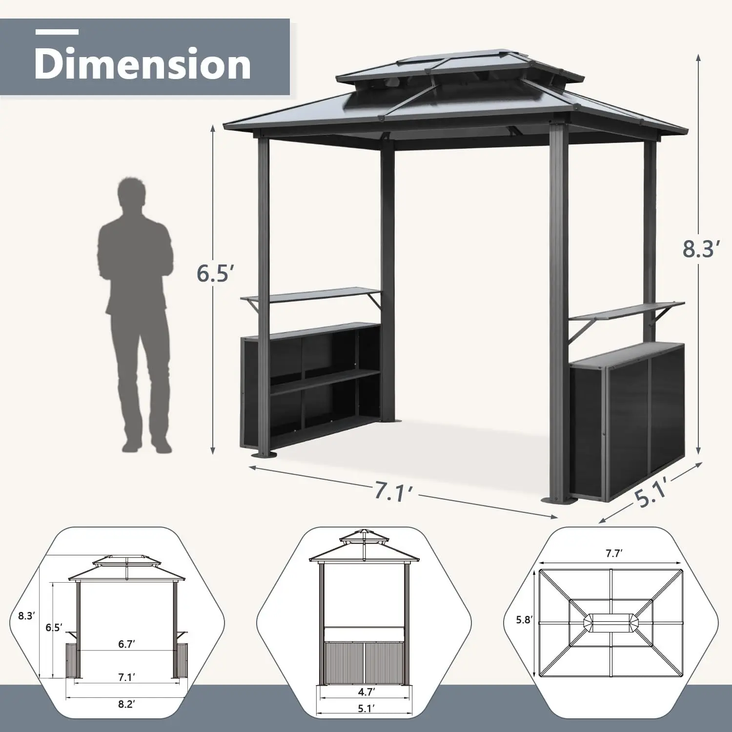 MELLCOM Grill Gazebo 8 x 6 FT, Outdoor Barbecue Gazebo with Double Polycarbonate Panel Roof, BBQ Gazebo with Shelves