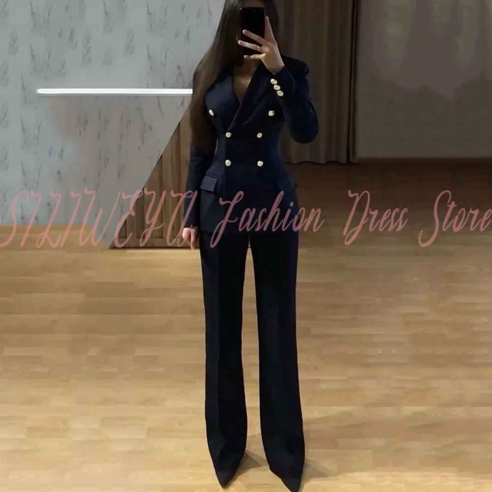 Women's Navy Double Breasted 2 Pieces Peak Lapel Blazer & Pant Smart Casual Chic Office Lady Outfits Conjuntos De Pantalones