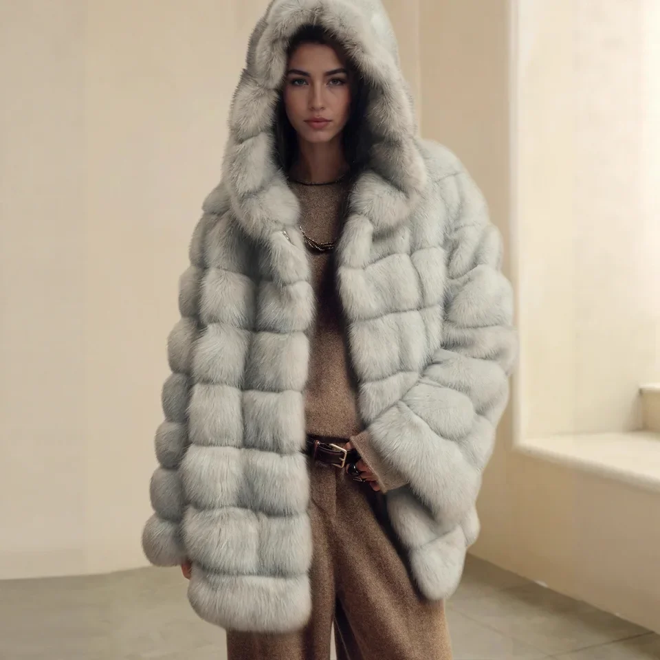 2026 Autumn Winter New Women Hooded Fox Fur Leather Coat Warm Overcoat Fashion Casual High End