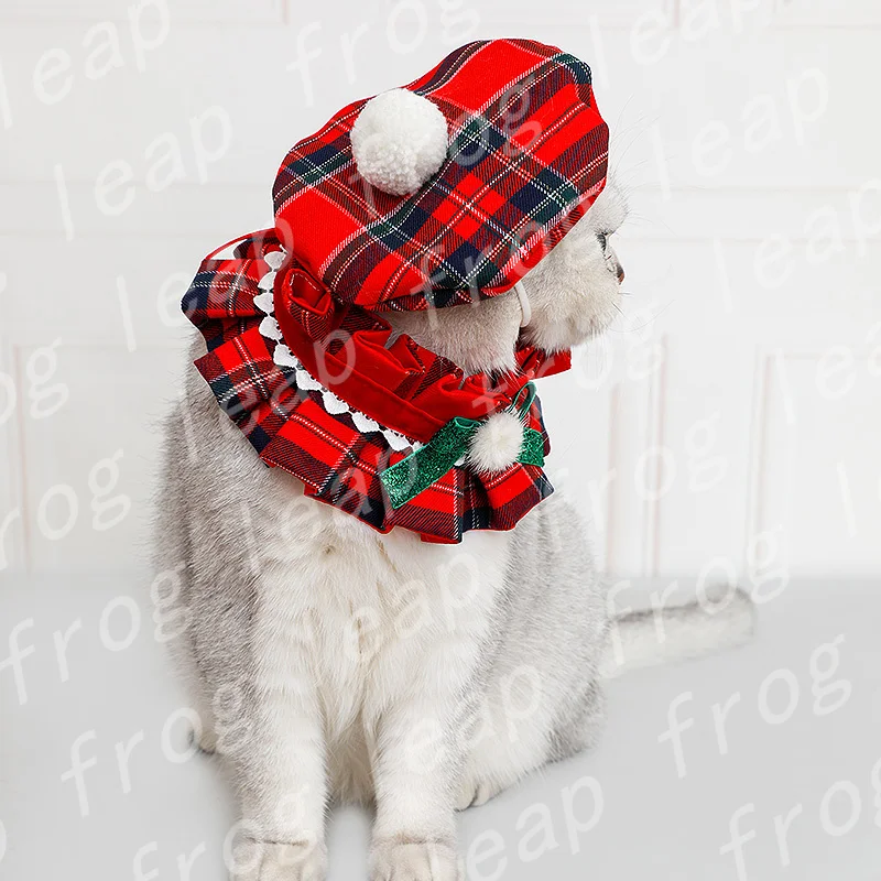 Cat Christmas Hat Collar Bib Dog Ornaments Clothes Knitting Dress Up Pet Santa Hat Scarf Collar