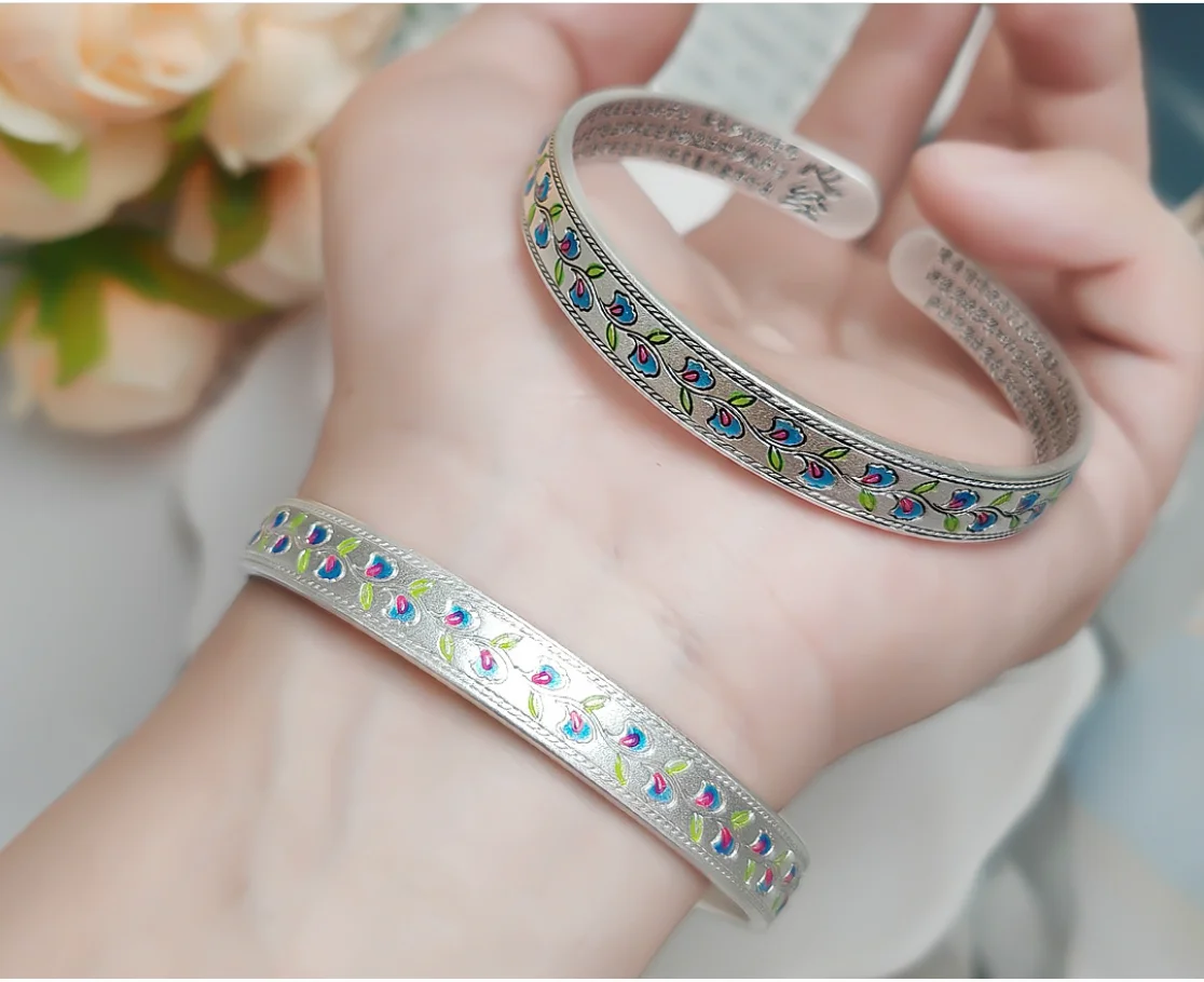 

Ancient Enamel Drawing Gold Flower Rattan Heart Sutra Opening Bracelet China-Chic Ginkgo Leaf Vintage Silver Bracelet Sub nation